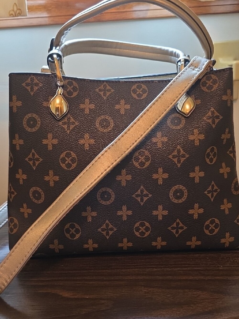 Brown Monogram Satchel Handbag with Gold Accents - Picture 5 of 16